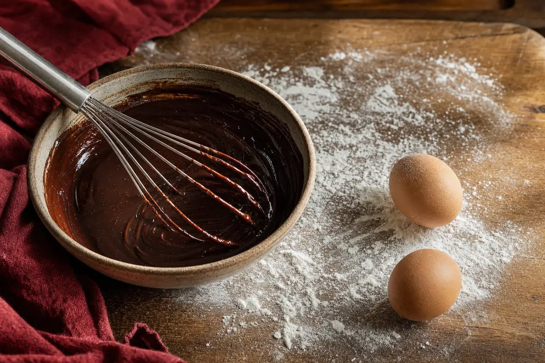 A ceramic bowl of melted dark chocolate with a whisk resting in it beside scattered flour and two eggs on a wooden board