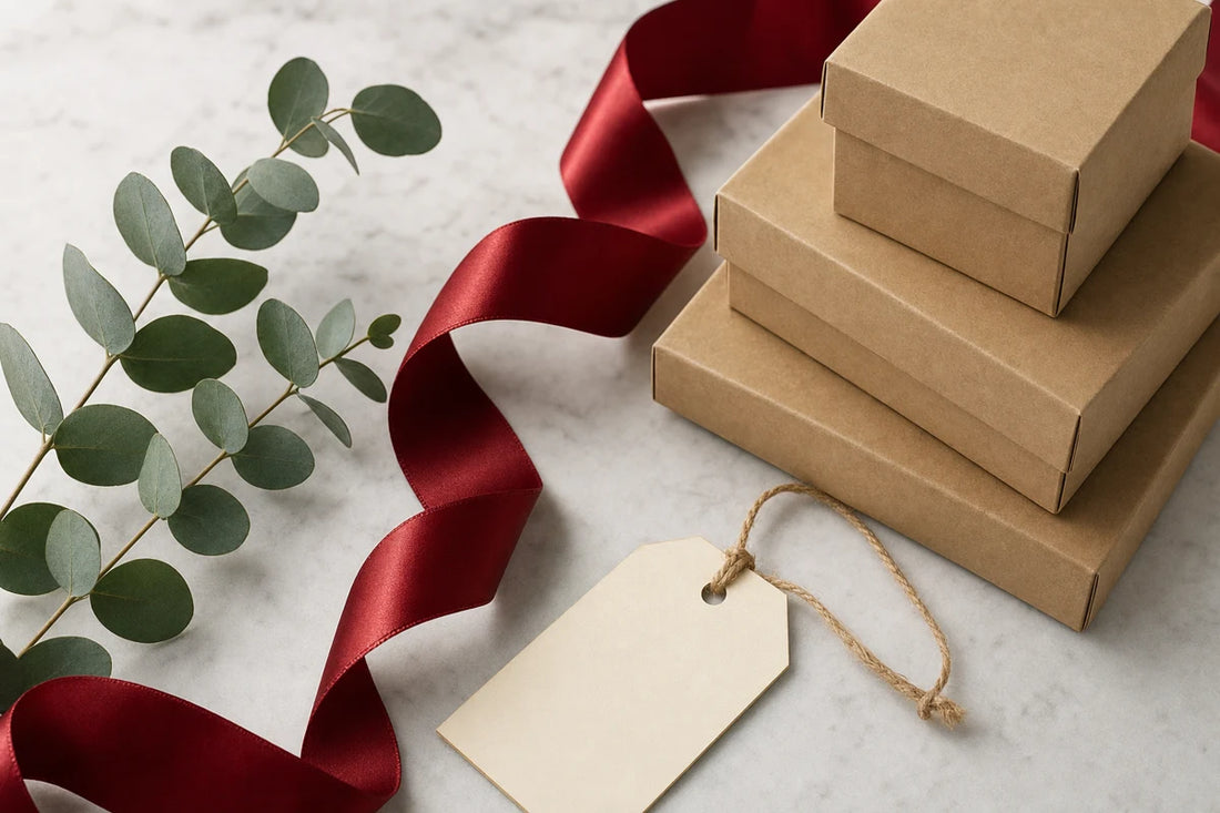Plain kraft gift boxes on a marble surface beside deep red satin ribbon, eucalyptus and a blank gift tag