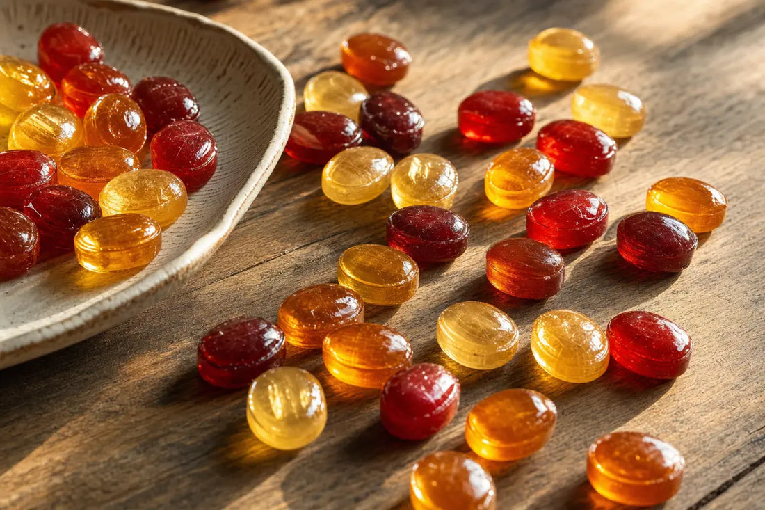 Glossy unwrapped boiled sweets in amber and ruby scattered across a rustic oak table