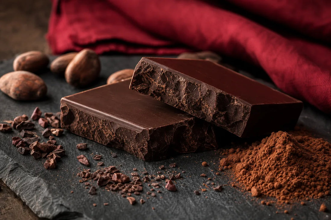 Broken slab of dark chocolate on slate with cocoa beans, nibs and cocoa powder