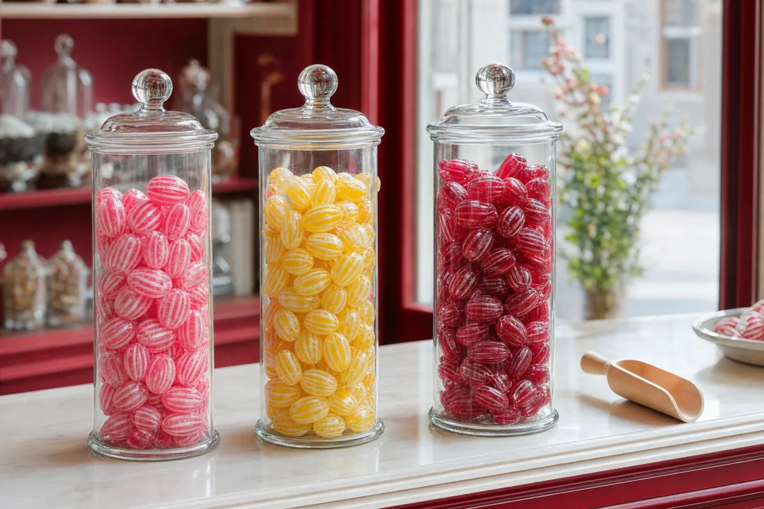 Three tall glass jars of colourful boiled sweets on a bright shop counter beside a wooden scoop