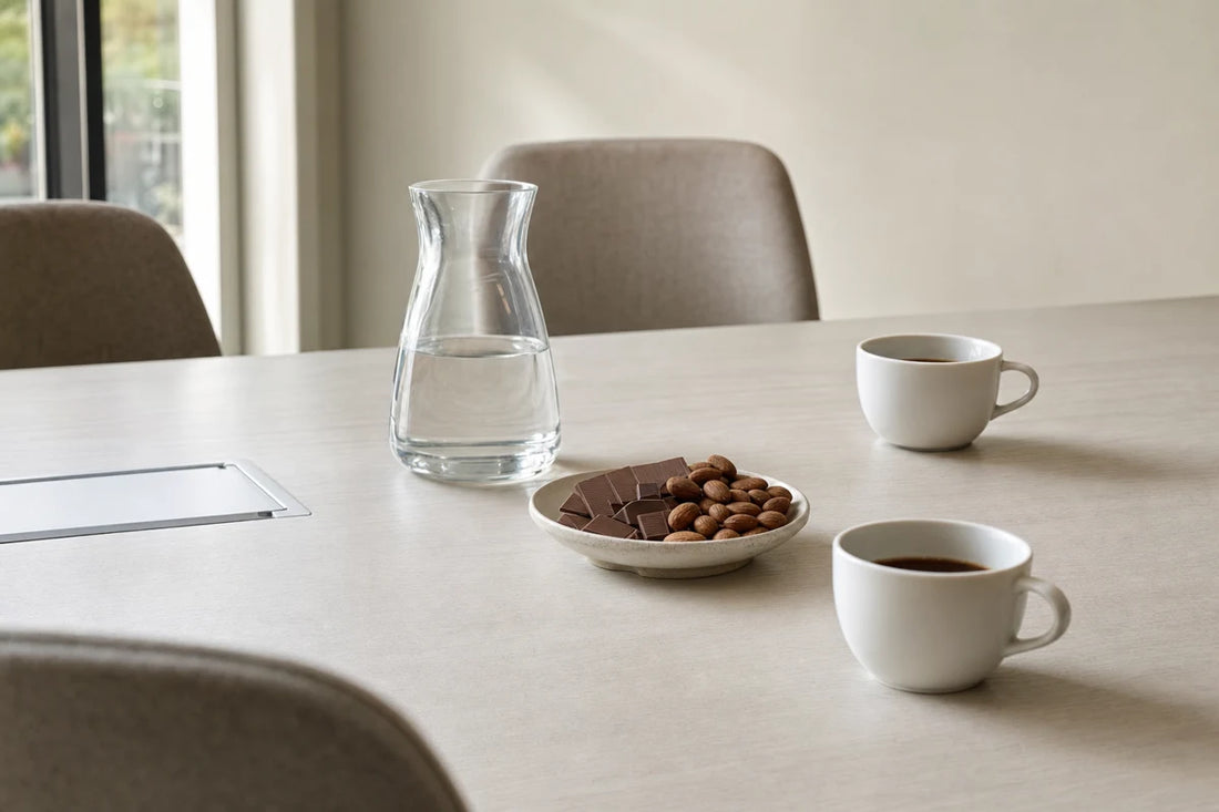 Two coffee cups, a water jug and a bowl of almonds and milk chocolate squares on a meeting room table