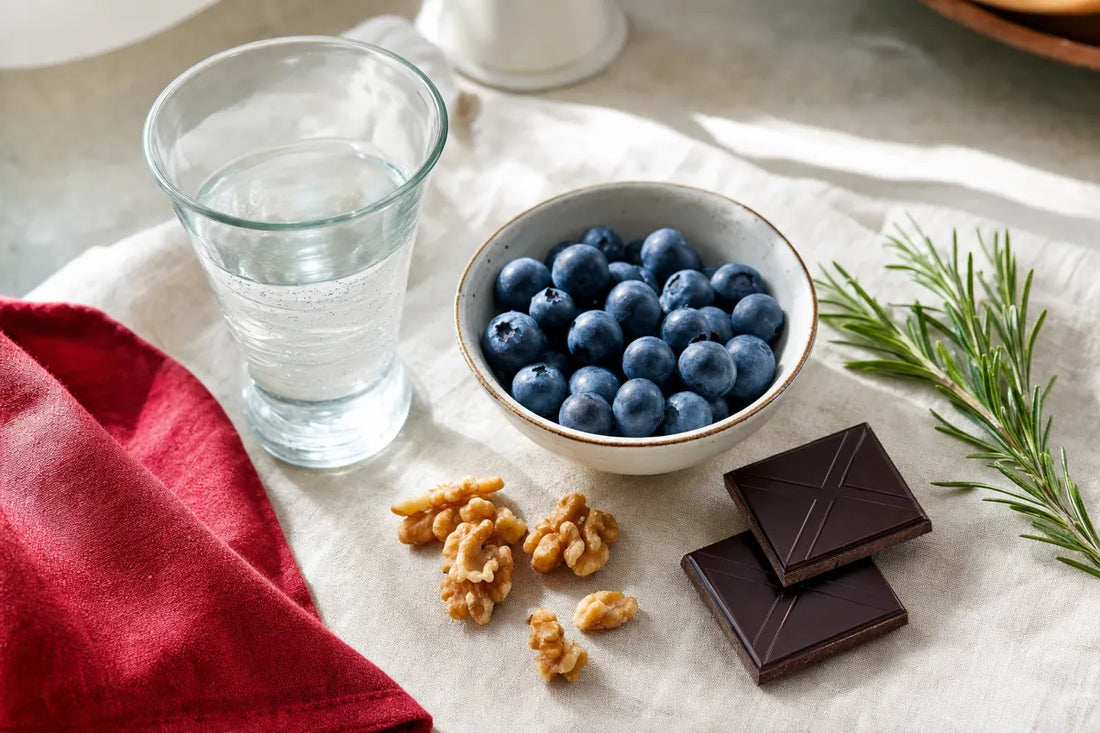 A glass of water, a bowl of blueberries, walnuts and two squares of dark chocolate on a linen cloth