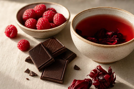 Squares of dark chocolate beside a cup of herbal tea and a bowl of raspberries on a linen cloth