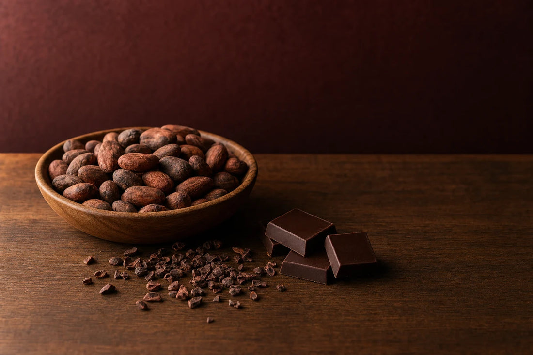 A wooden bowl of cocoa beans with cocoa nibs and squares of dark chocolate on a walnut table