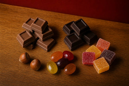 An overhead arrangement of chocolate squares, boiled sweets and fruit jellies on an oak table against a red backdrop