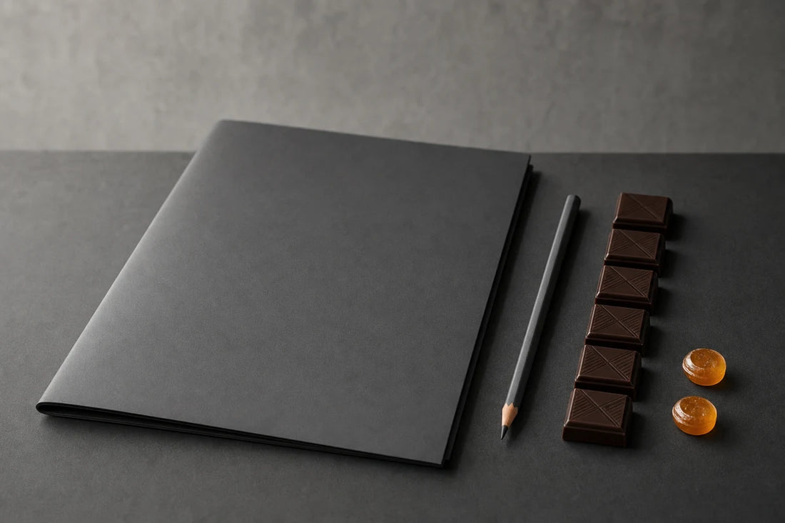 A plain dark folder and a pencil on a charcoal studio table beside a row of chocolate squares and boiled sweets