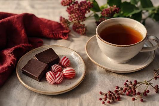 A cup of tea with squares of dark chocolate and striped boiled sweets on a small plate