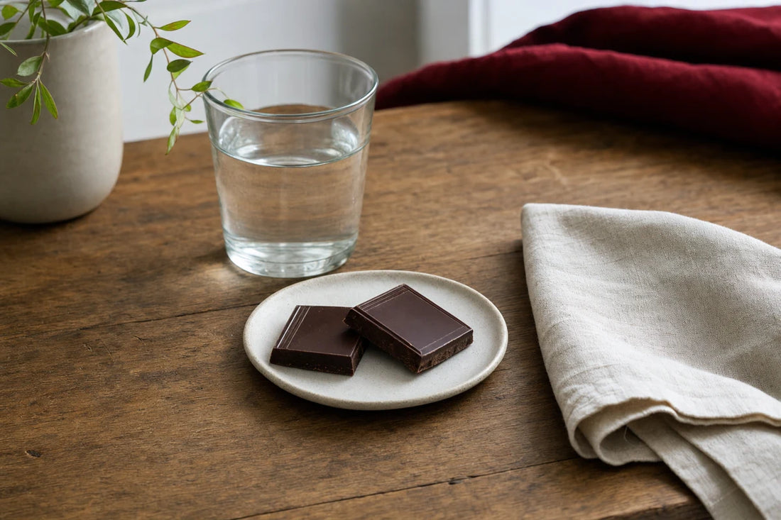 A small plate holding two squares of dark chocolate beside a glass of water and a folded linen napkin on a wooden table