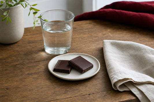 A small plate holding two squares of dark chocolate beside a glass of water and a folded linen napkin on a wooden table