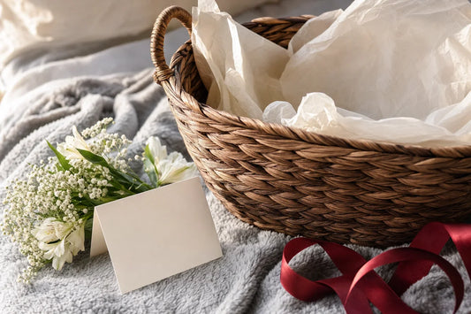 A woven gift basket lined with tissue paper on a soft blanket beside white flowers and a blank card