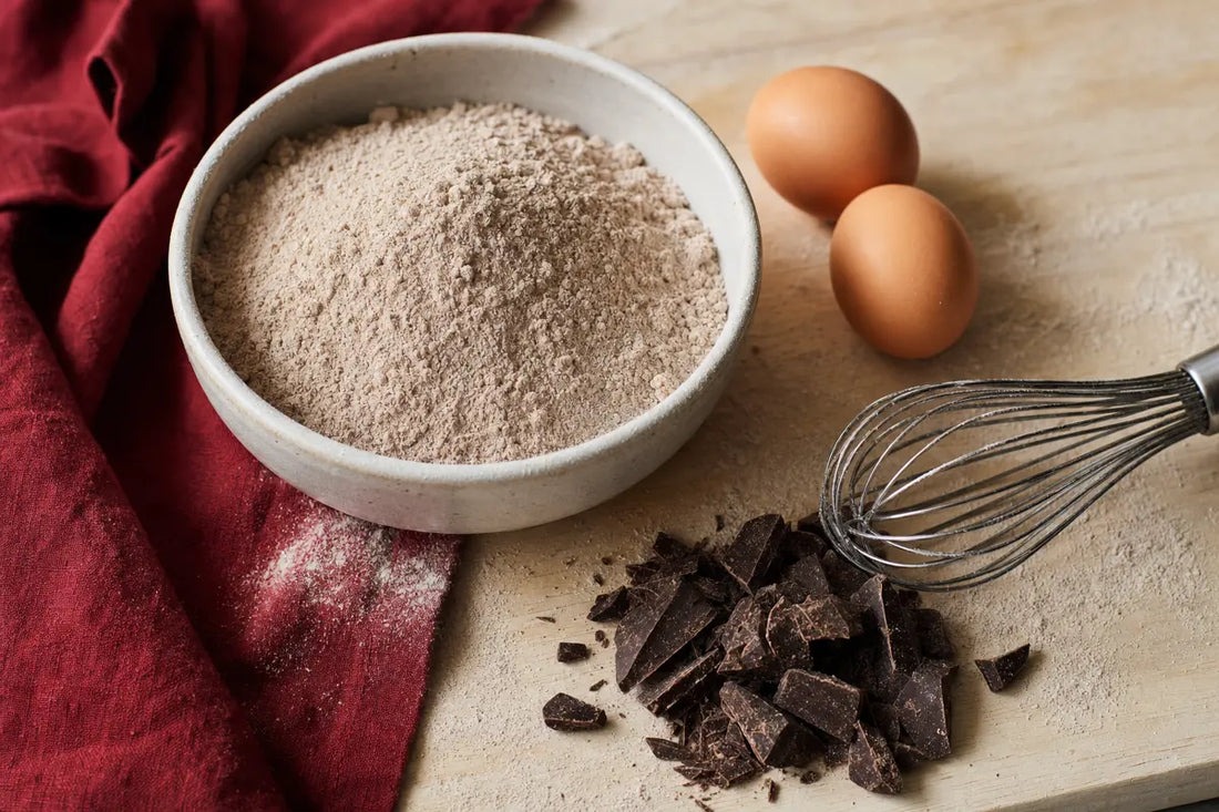 A bowl of buckwheat flour, chunks of dark chocolate, a whisk and two eggs on a floured wooden board