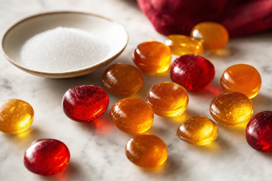 Glossy amber and red boiled sweets scattered on a marble slab beside a small dish of white sweetener crystals