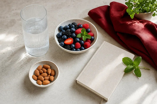 A glass of water, a bowl of mixed berries, a dish of almonds and a plain closed notebook on a pale stone worktop