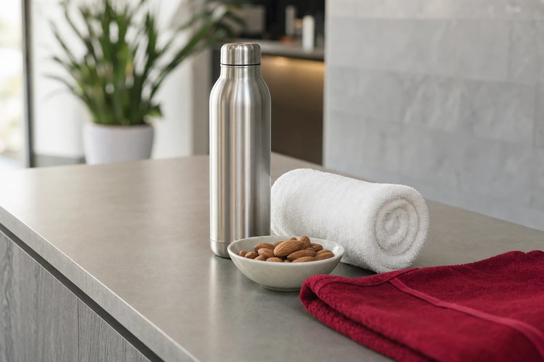 A steel water bottle, a rolled white towel and a small bowl of almonds on a pale gym reception counter