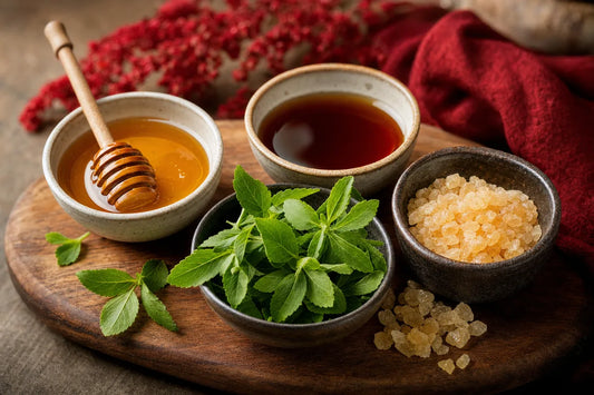 Bowls of honey, maple syrup, stevia leaves and sweetener crystals on a wooden board