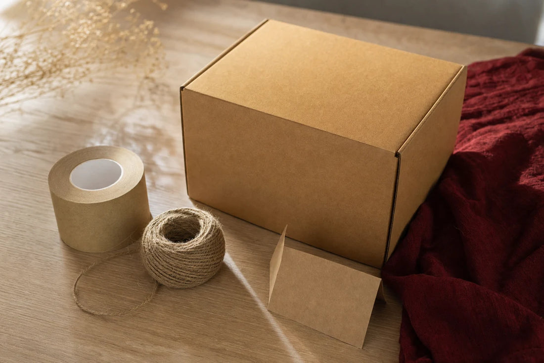 A plain brown shipping box on a wooden desk beside a roll of paper tape, twine and a blank kraft label