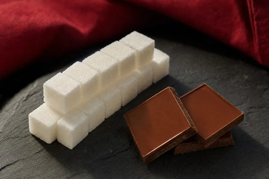 A stack of white sugar cubes on dark slate beside three squares of milk chocolate