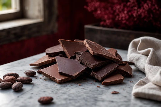 Broken shards of dark and milk chocolate resting on a cool marble slab beside cocoa beans