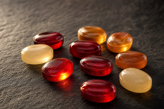 Unwrapped glossy hard boiled sweets in amber, red and cream resting on a dark slate surface