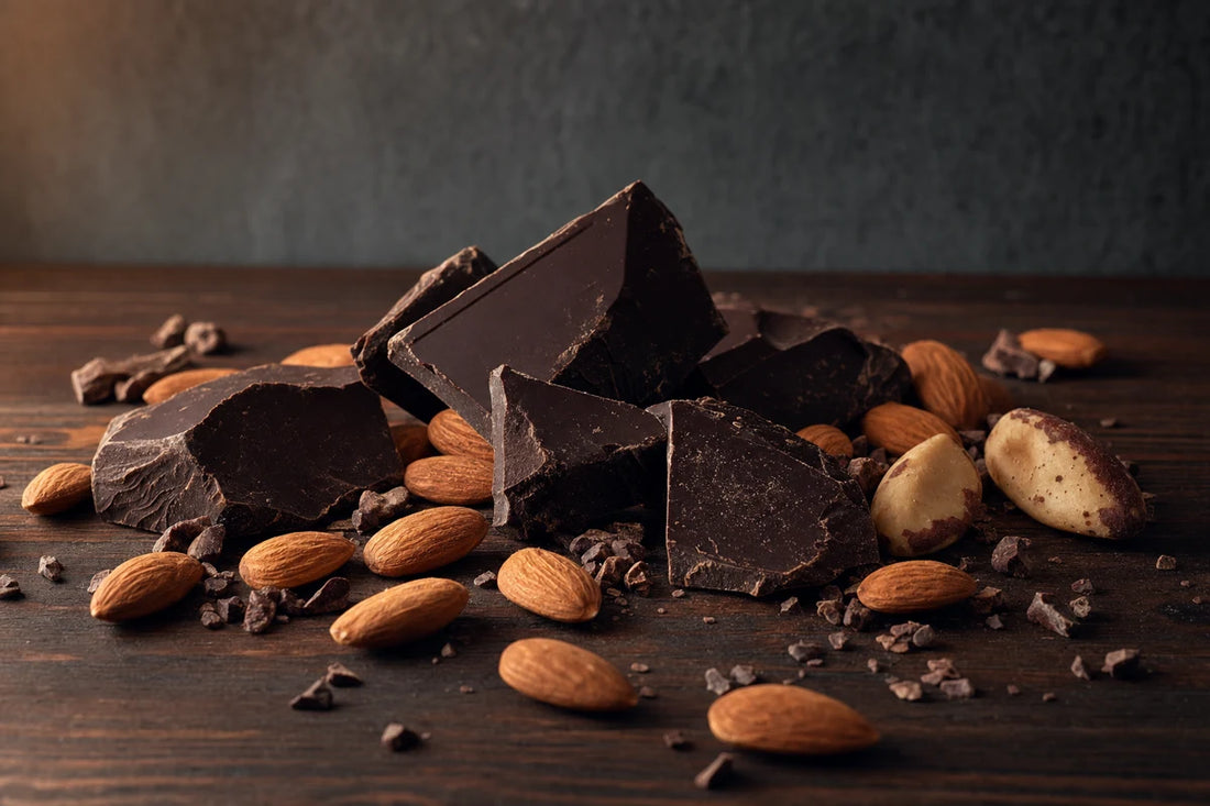 Broken pieces of very dark chocolate on a walnut table with almonds, brazil nuts and cocoa nibs