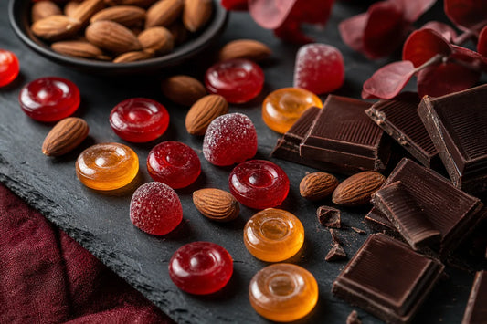 Sugar free boiled sweets and gummies beside almonds and squares of dark chocolate on slate