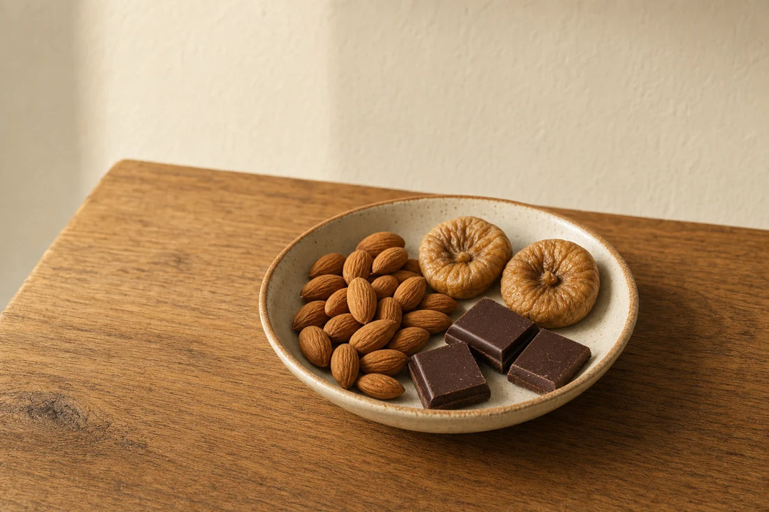 A dish of almonds, two dried figs and three squares of dark chocolate on an oak table