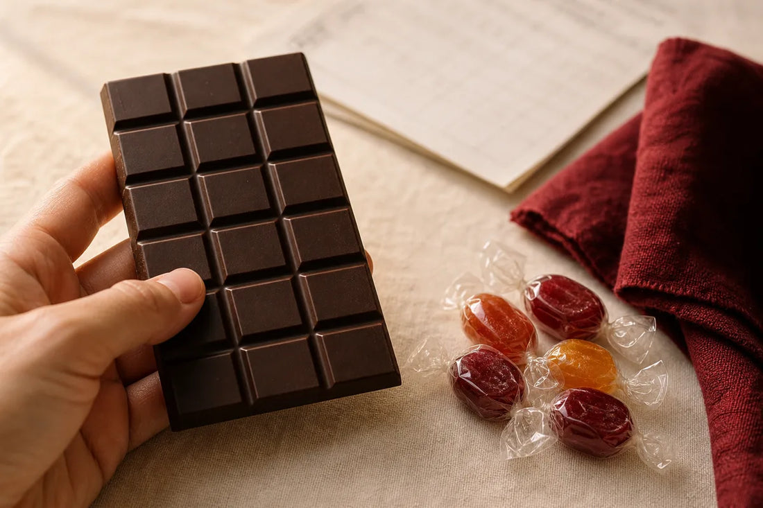 A hand holding a plain dark chocolate bar beside wrapped boiled sweets on a linen surface