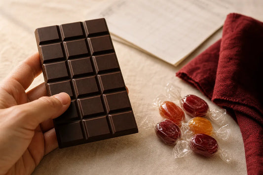A hand holding a plain dark chocolate bar beside wrapped boiled sweets on a linen surface