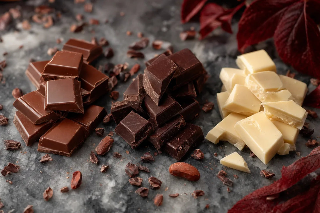 Broken pieces of milk, dark and white chocolate on a marble surface with cocoa nibs