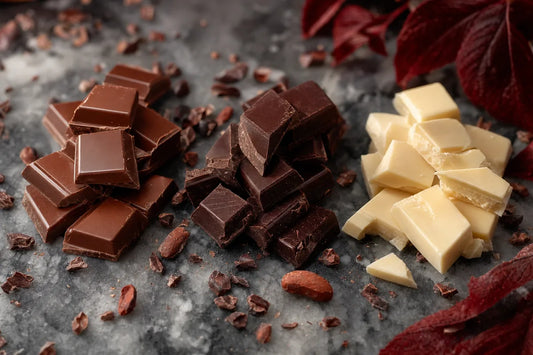 Broken pieces of milk, dark and white chocolate on a marble surface with cocoa nibs