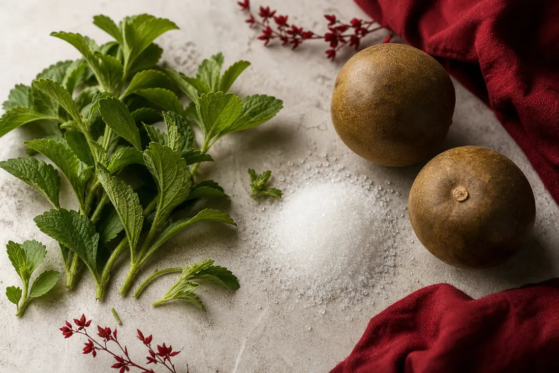 Fresh stevia leaves and two whole monk fruit either side of a small pile of crystalline sweetener