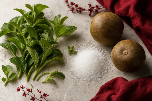 Fresh stevia leaves and two whole monk fruit either side of a small pile of crystalline sweetener