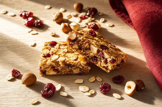 An oat and dried fruit cereal bar broken in half on an oak table beside oats, cranberries and hazelnuts