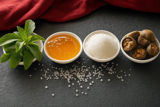 Four small dishes on slate holding stevia leaves, honey, white sweetener crystals and dried monk fruit
