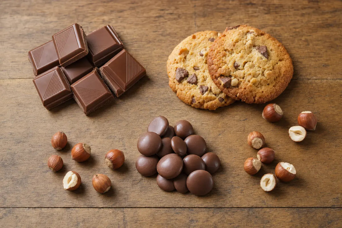 An overhead spread of milk chocolate squares, cookies, chocolate buttons and hazelnuts on an oak table
