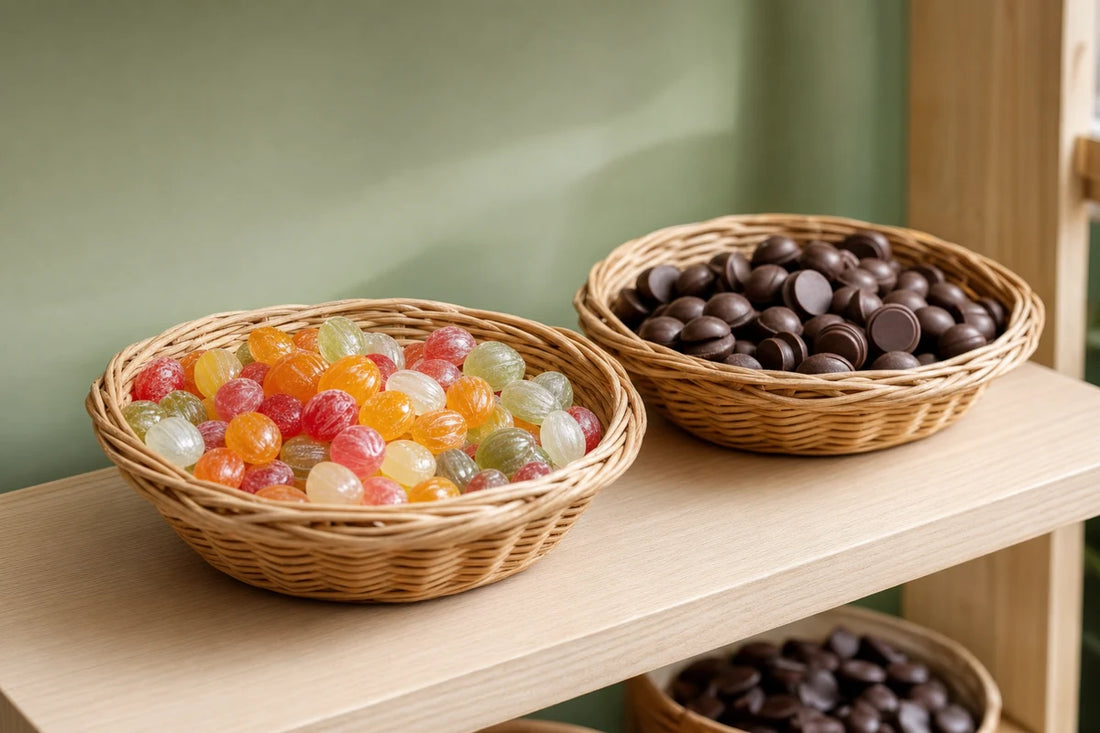 Two wicker baskets of loose sweets and chocolate pieces on a pale wooden retail shelf