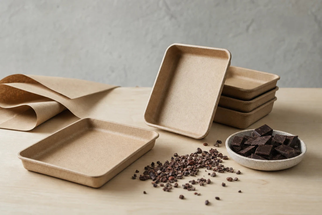 Plain kraft trays and brown paper on a birch studio table beside a shallow dish of chocolate pieces