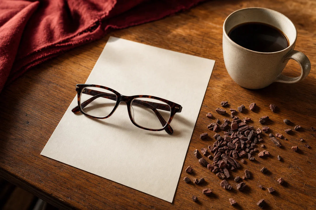 Reading glasses resting on a blank sheet of paper on an oak table beside a cup of coffee and cocoa nibs