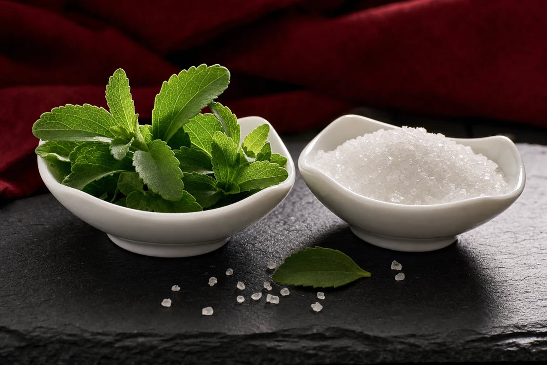 Two white dishes side by side on slate, one holding fresh stevia leaves and one holding white sweetener crystals