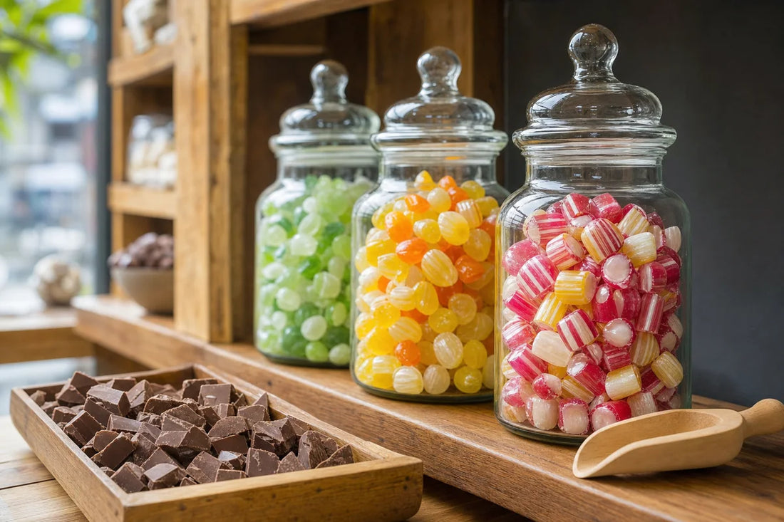 Glass jars of colourful boiled sweets and a wooden tray of chocolate pieces on a bright shop shelf