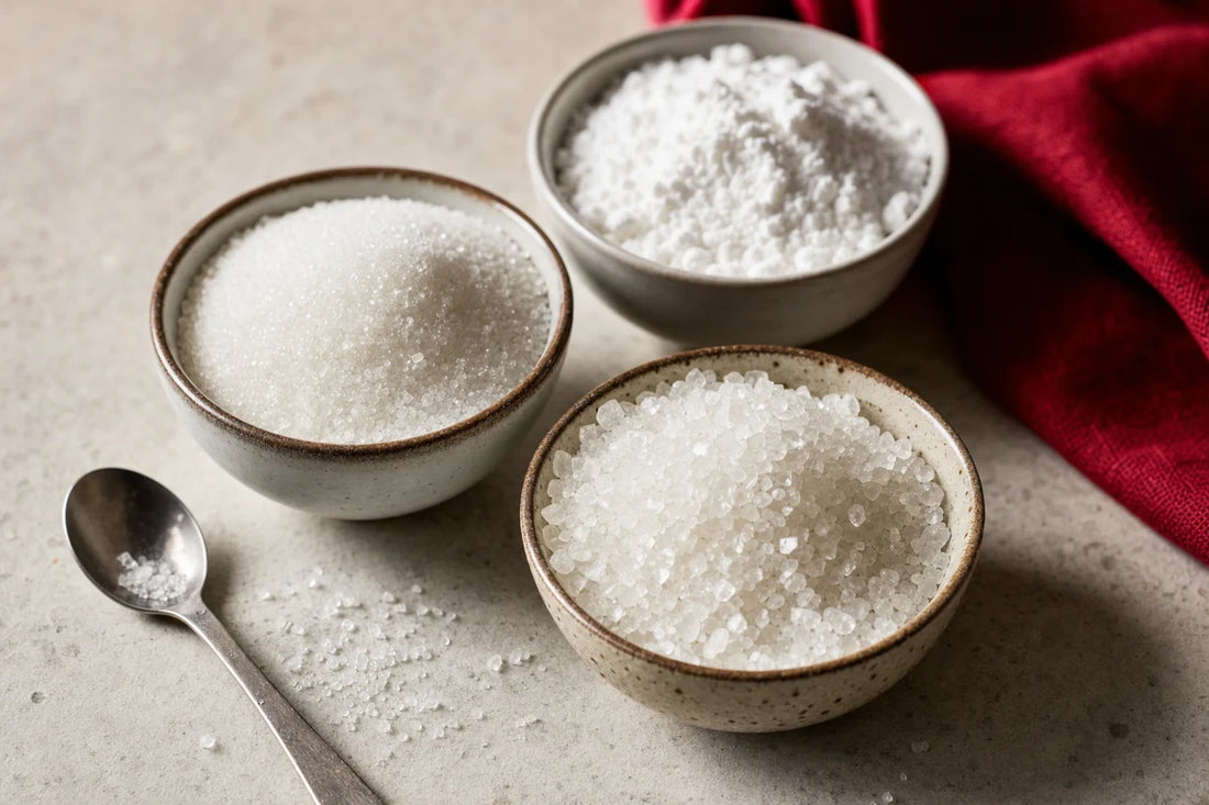Three ceramic bowls of white crystalline and powdered sweeteners on a pale concrete surface beside a small spoon