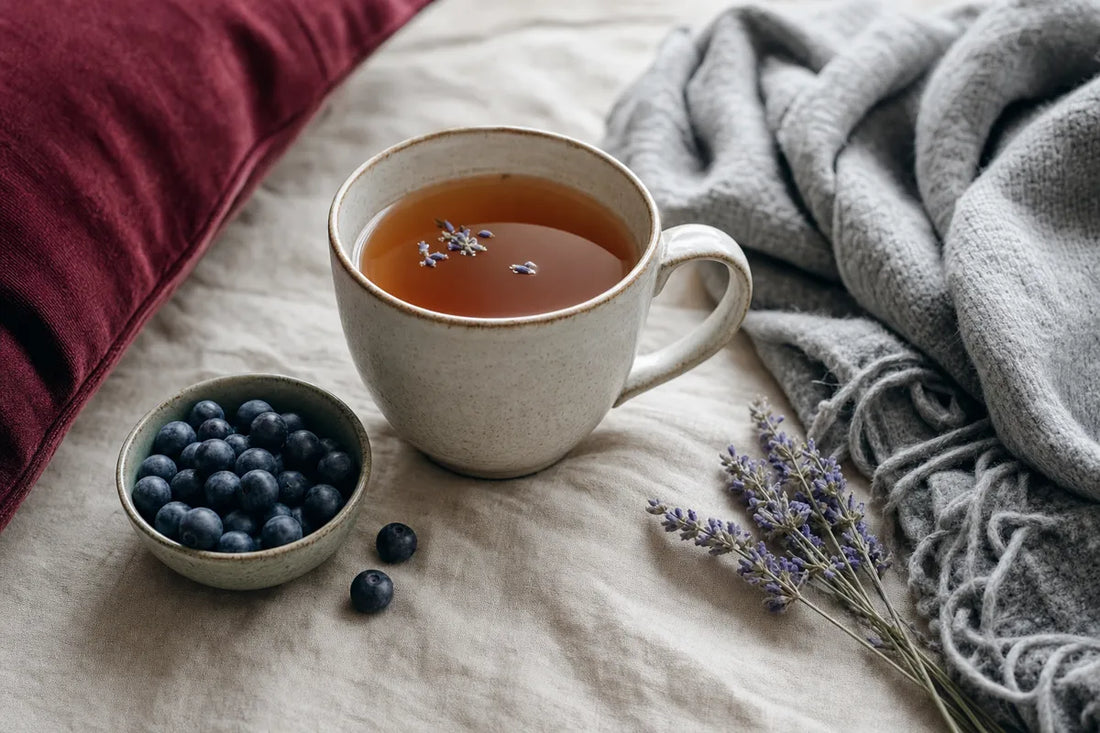 A mug of herbal tea, a small bowl of blueberries and a sprig of lavender on a linen cloth beside a folded throw