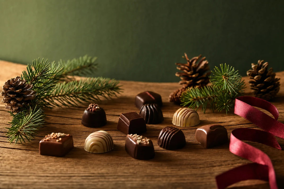 Individual chocolates, pine sprigs, pine cones and red ribbon on an oak table against a deep green wall