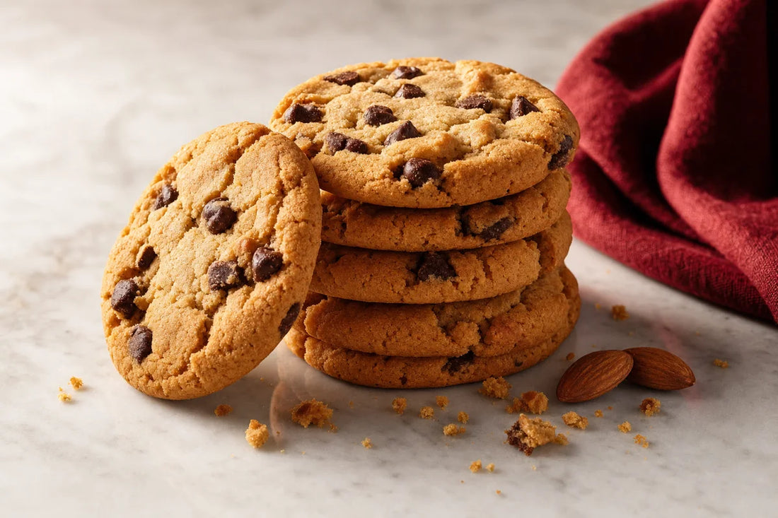 A stack of golden chocolate chip cookies on a marble counter with crumbs and two almonds beside them