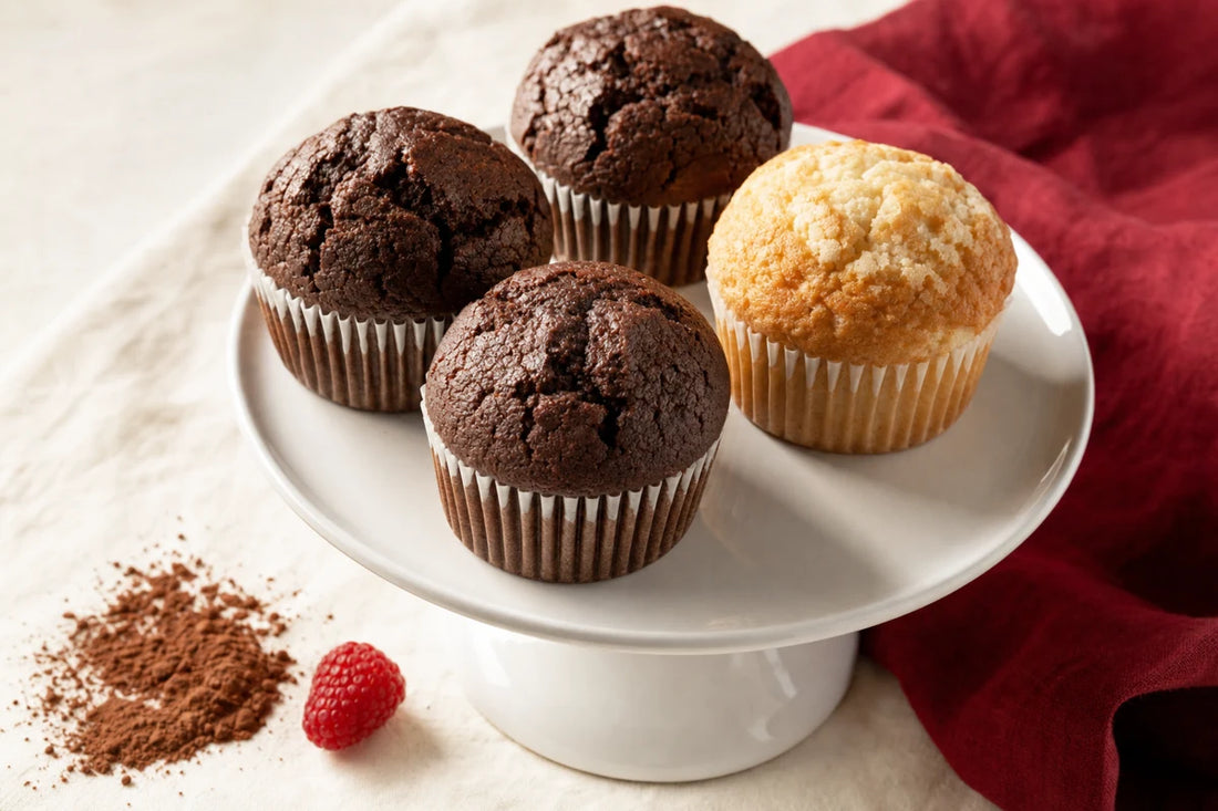 Three chocolate muffins and one vanilla muffin on a white cake stand beside cocoa powder and a raspberry