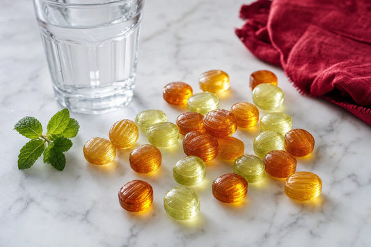 Amber and pale green boiled sweets on a marble counter beside a glass of water and a sprig of mint