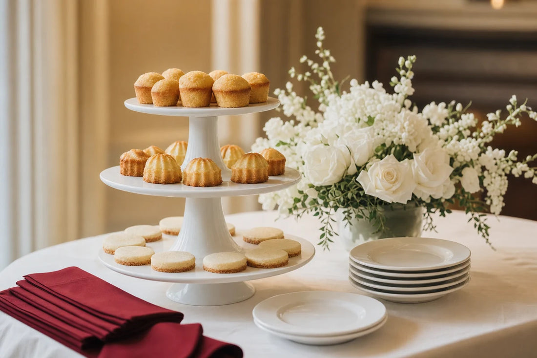A tiered white cake stand of mini pastries on an event table with white plates, flowers and red napkins