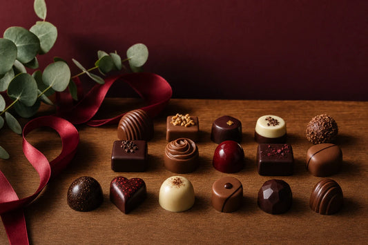 Rows of individual chocolates on an oak table against a burgundy wall beside red satin ribbon and eucalyptus