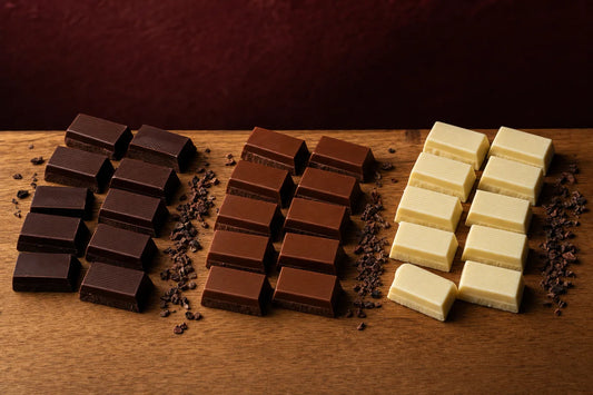 Rows of dark, milk and white chocolate pieces laid out on an oak table with cocoa nibs between them